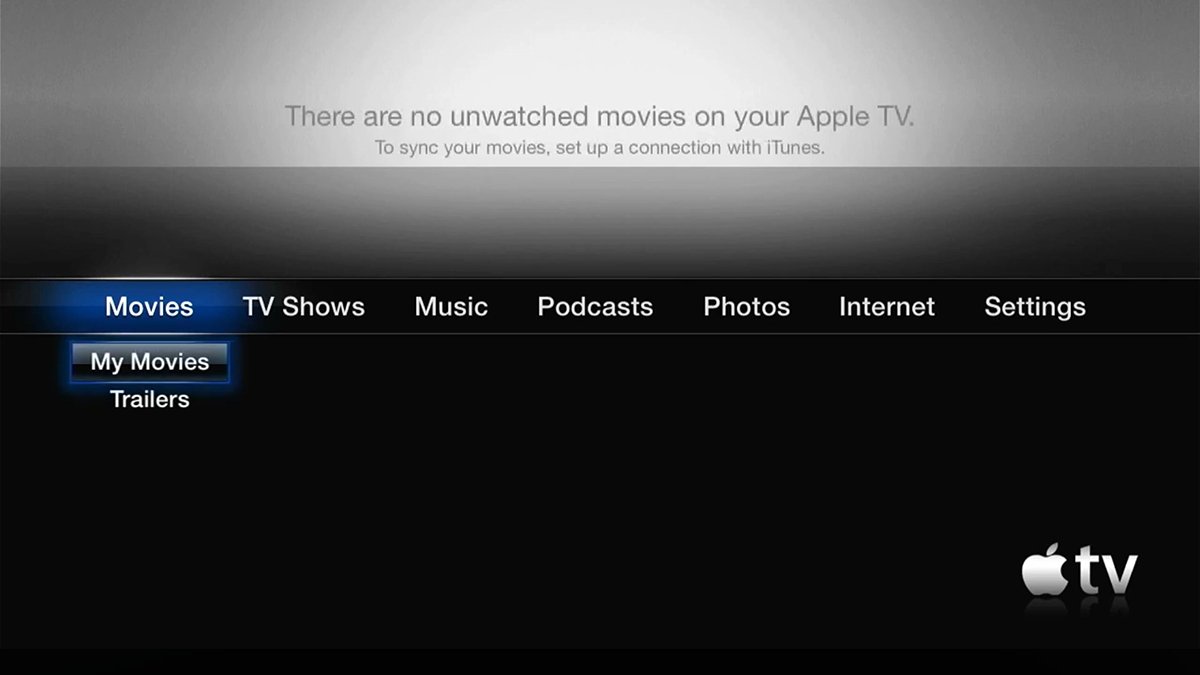 Apple TV 1st generation's main menu screen for content.