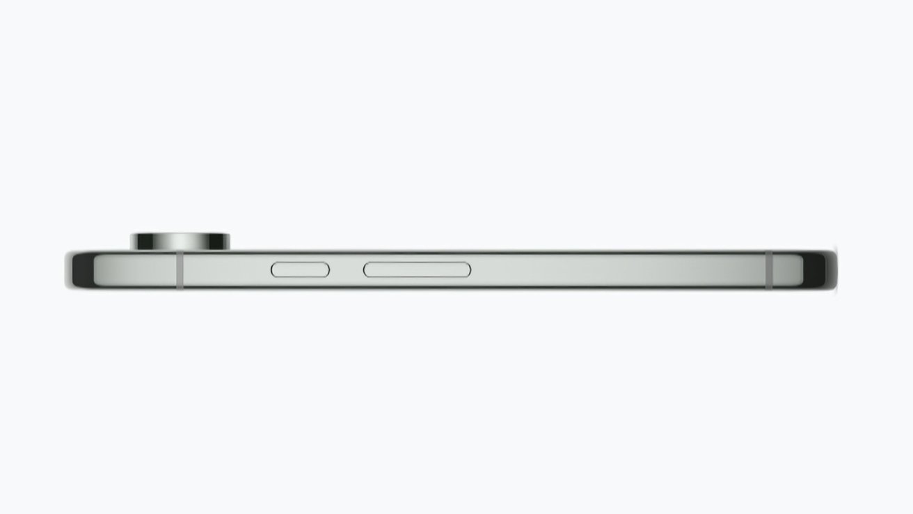 Side view of a modern smartphone lying flat, displaying its thin profile, volume buttons, and a camera bump.