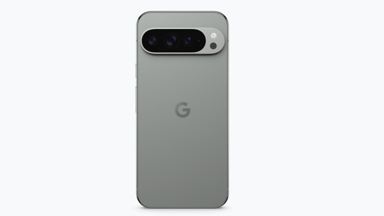 A gray smartphone with a horizontal camera bar on the top back, featuring three lenses and an LED flash, with a 'G' logo in the center.
