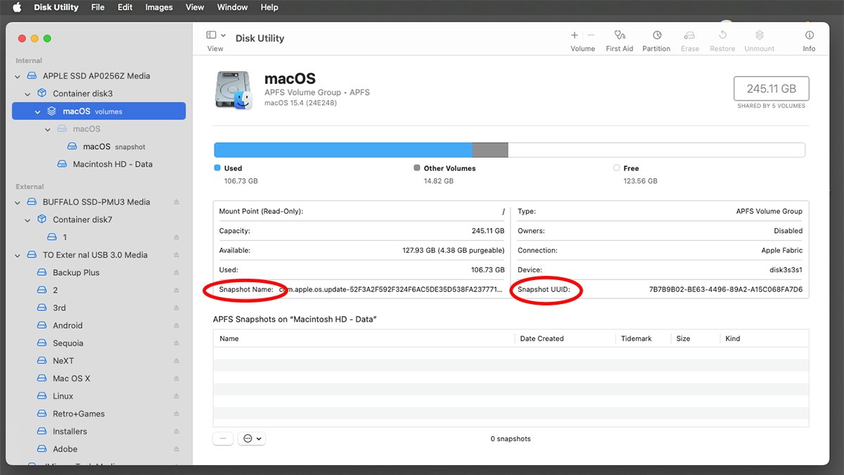 Use Disk Utility to view sealed snapshot names and UUIDs in macOS.