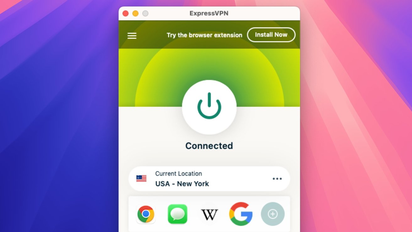 ExpressVPN interface displaying a connected status with location set to USA, New York. Background features colorful gradients in blue and pink. Browser extension prompt on top.