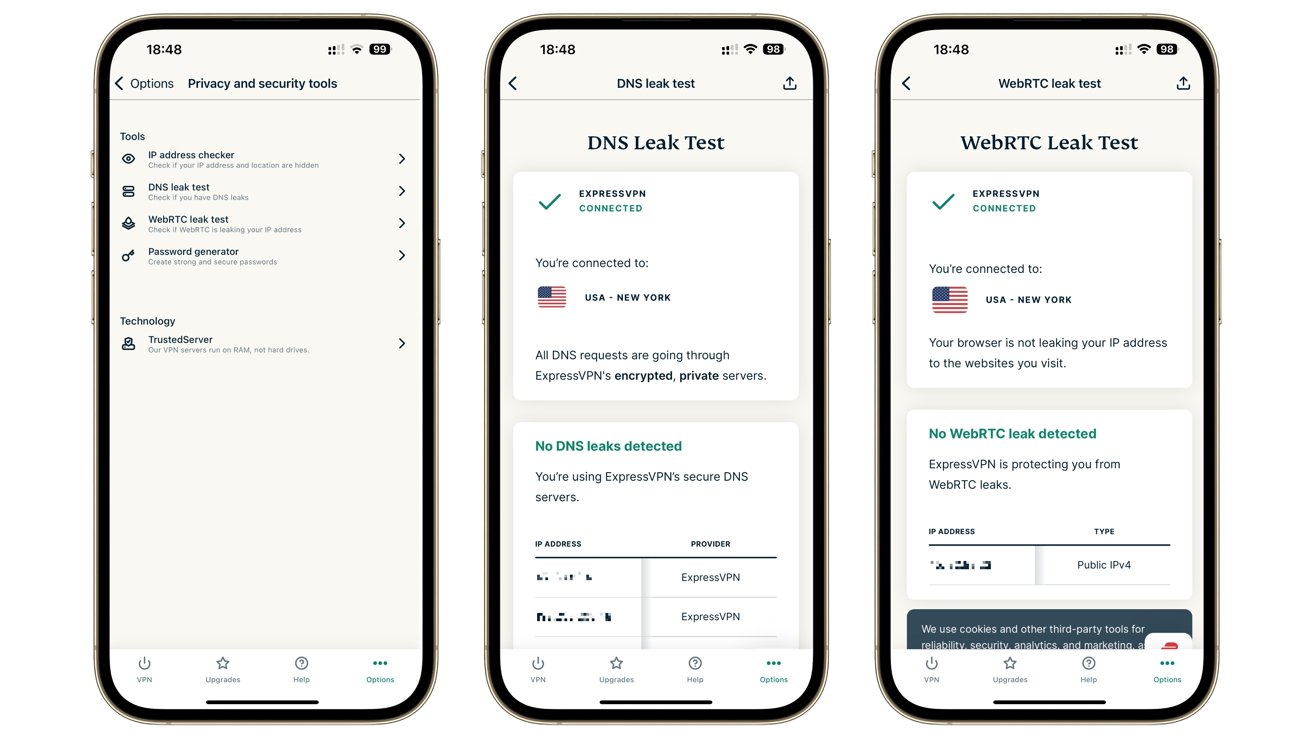 Three smartphone screens display ExpressVPN privacy tools, DNS and WebRTC leak tests. Tests confirm no leaks, showing connection to a secure VPN server in New York with green checkmarks.