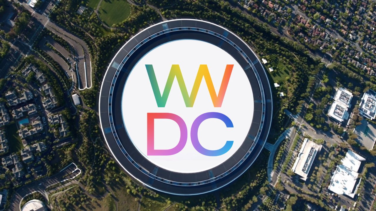 Overhead view of Apple Park with Apple's WWDC 2025 logo in the center