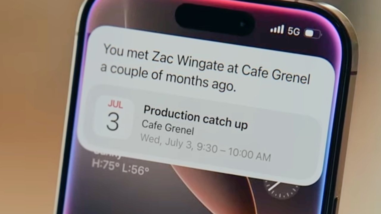 Smartphone screen showing reminder of a past meeting at Cafe Grenel with Zac Wingate, and a calendar event on July 3rd for production catch up.