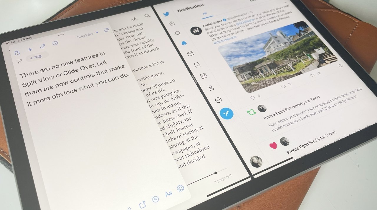 Tablet displaying three apps in split view: a note-taking app, an ebook reader, and a social media feed showing tweets and a photo of a building.
